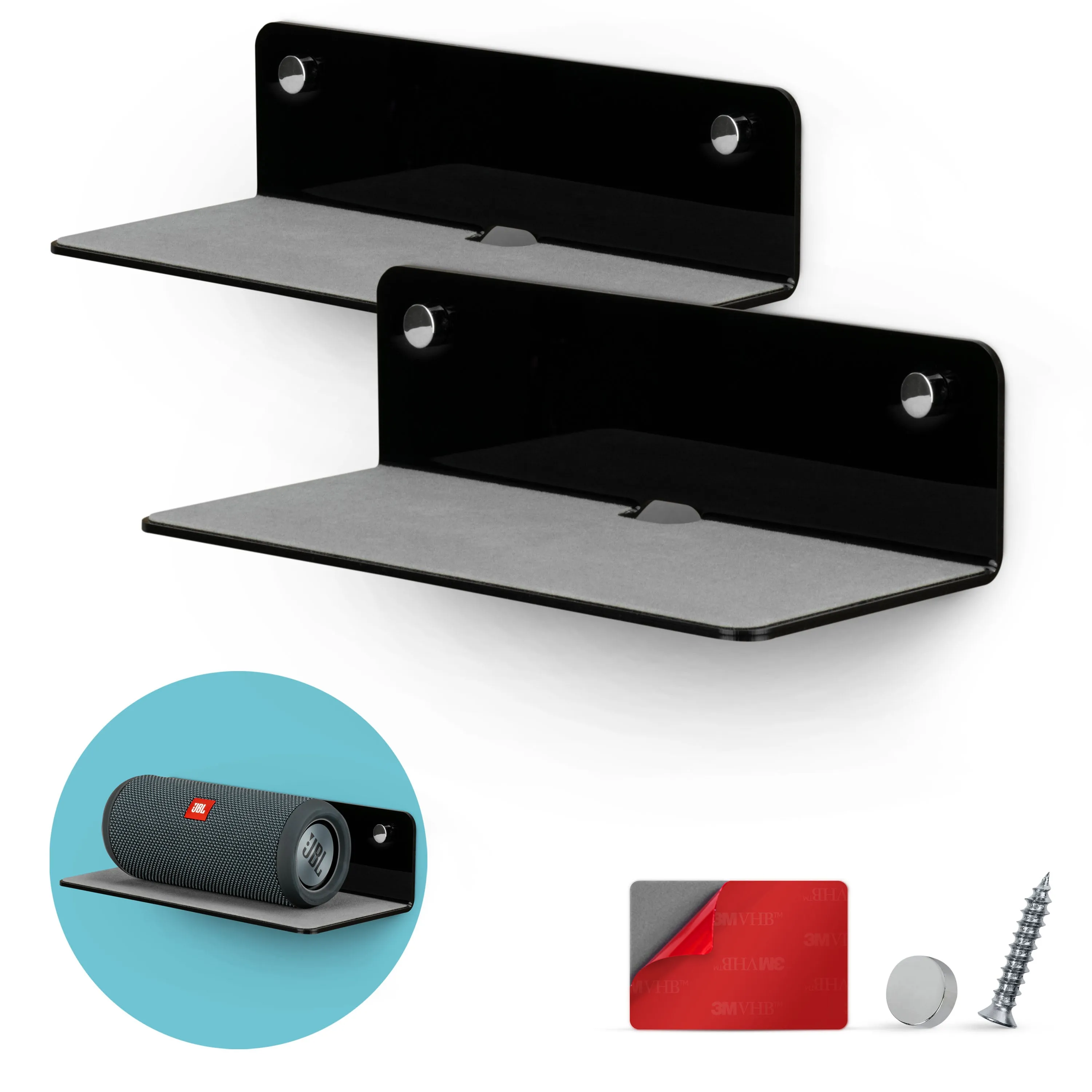 (2 Pack) 9” Floating Shelf Bluetooth Speaker Stand, Adhesive & Screw Wall Mount, Anti Slip, for Cameras, Baby Monitors, Webcam, Router, Wide Universal Holder Shelves by Brainwavz (SHELF23)