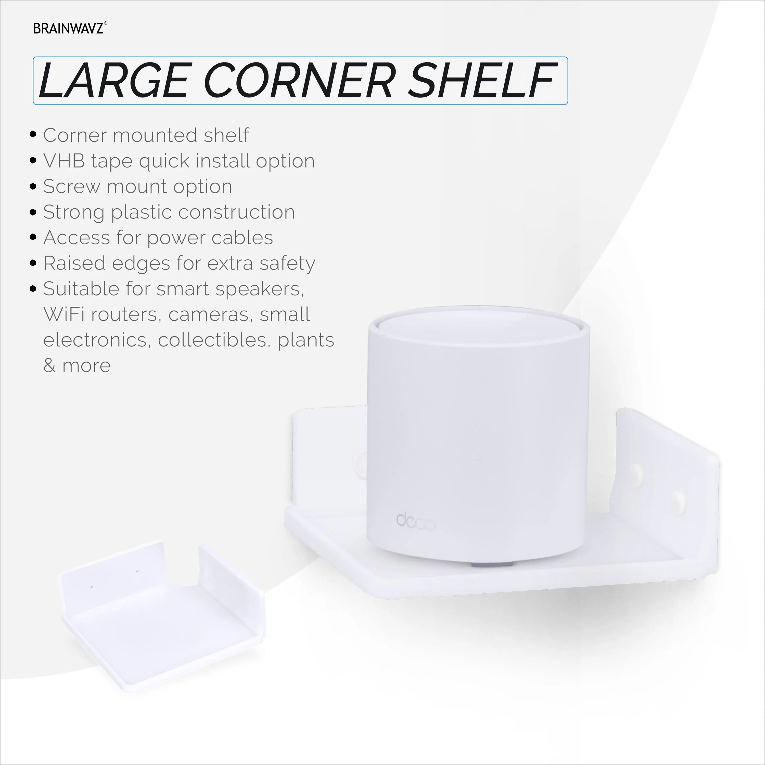 6.5" Corner Shelf Mount for Speakers, Cameras, Baby Monitors, Plants, Books Electronics, Collectibles & More, Adhesive & Screw In Floating Shelves