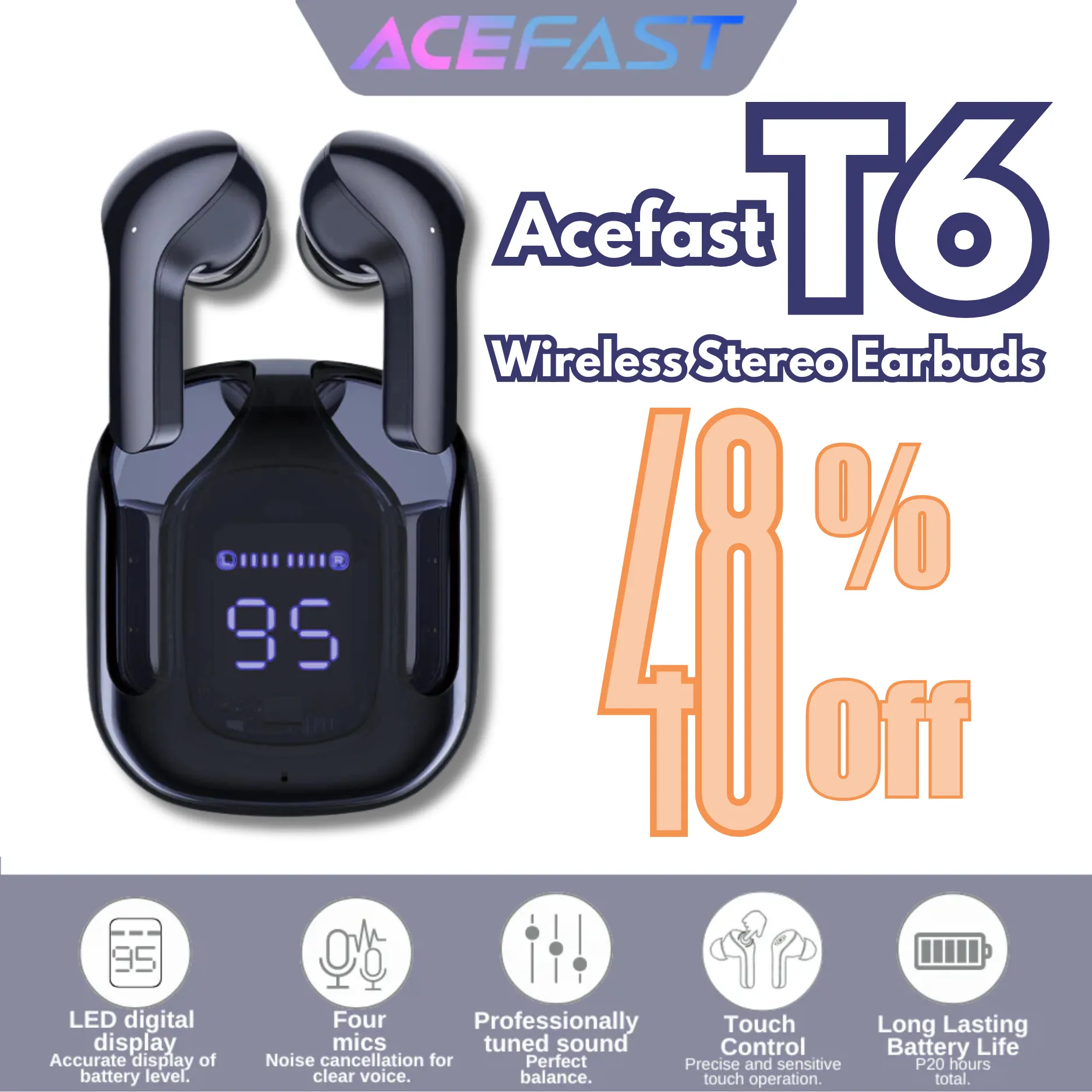 ACEFAST T6 BLEUTOOTH V5.0 ENC TRUE WIRELESS STEREO EARBUDS - DEEP BLUE