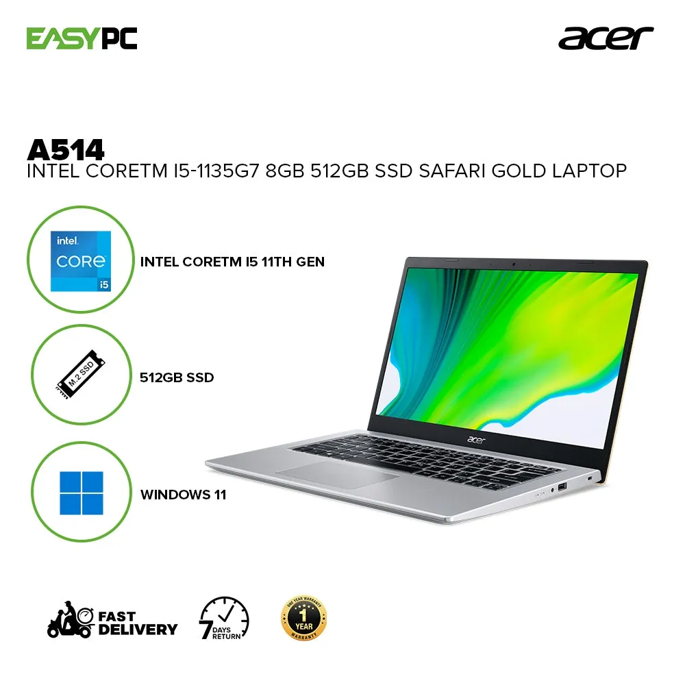 Acer A514-54-54GA Intel CoreTM i5-1135G7/8GB/512GB SSD/Win11 Laptop Safari Gold