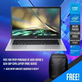 Acer Aspire 3 A314-36P-C2PA Laptop (Pure Silver) | 14" FHD (1920x1080) | Intel Processor N100 | 8GB RAM | 256GB SSD  | Intel UHD Graphics | Windows 11 Home | Acer Entry Run Rate Backpack B-1620-P