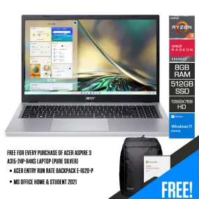 Optimized Title: Acer Aspire 3 A315-24P-R4KG Laptop - 15.6 HD Display, Ryzen 3 7320U Processor, 8GB DDR5 RAM, 512GB SSD, Radeon Graphics, Windows 11 Home, MS Office Home & Student 2021, Includes Acer Entry Run Rate Backpack E-1620-P