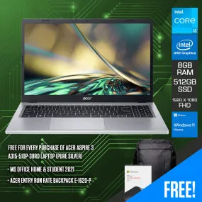 Acer Aspire 3 A315-510P-38RD Laptop (Pure Silver) | 15.6” FHD (1920 x 1080) | i3-N305  | 8GB RAM | 512GB SSD | Intel UHD Graphics | Windows 11 Home | Acer Entry Run Rate Backpack E-1620-P