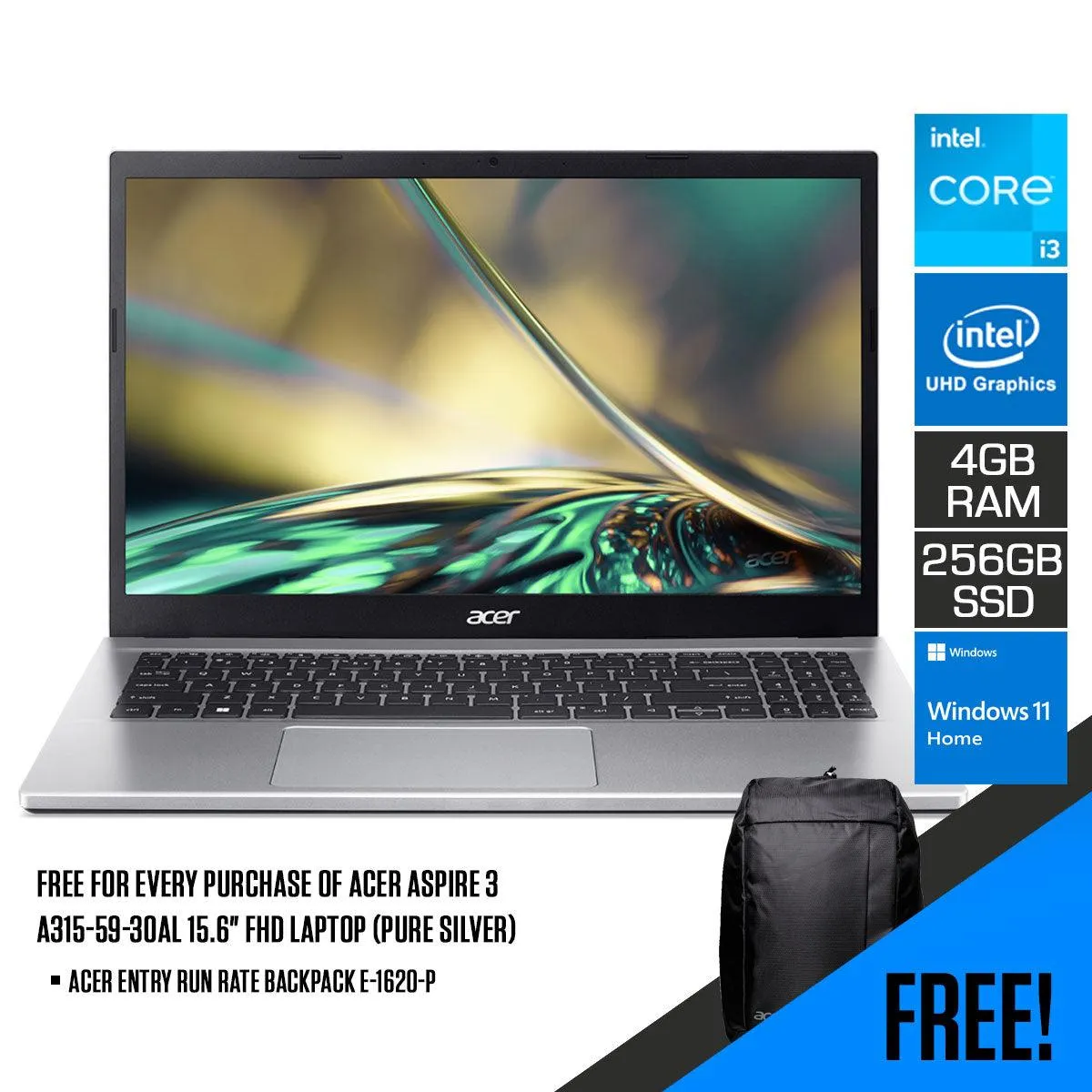 ACER Aspire 3 A315-59-30AL Laptop (Pure Silver) | 15.6”  FHD | i3-1215u | 4GB RAM DDR4 | 256 GB SSD | Intel UHD graphics | Win 11 Home | Acer Entry Run Rate Backpack E-1620-P (LZBPKM6B12)