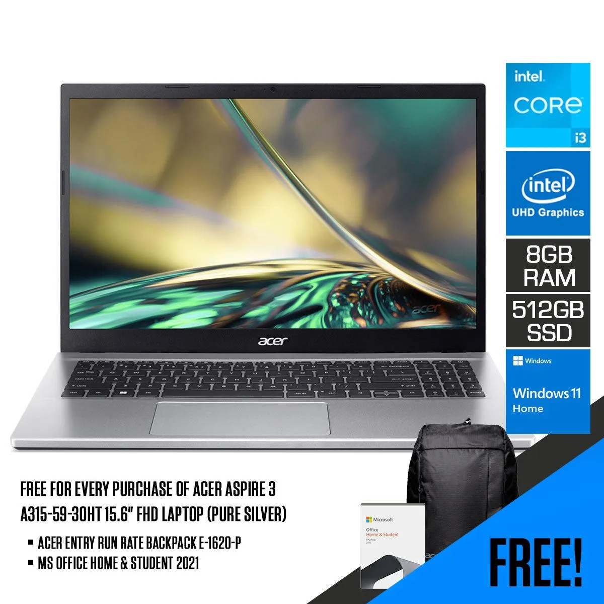 ACER Aspire 3 A315-59-30HT Laptop (Pure Silver) | 15.6”  FHD | i3-1215u | 8 GB RAM DDR4 | 512 GB SSD | Intel UHD graphics | Win 11 Home | MS Office Home & Student 2021 | Acer Entry Run Rate Backpack E-1620-P (LZBPKM6B12)