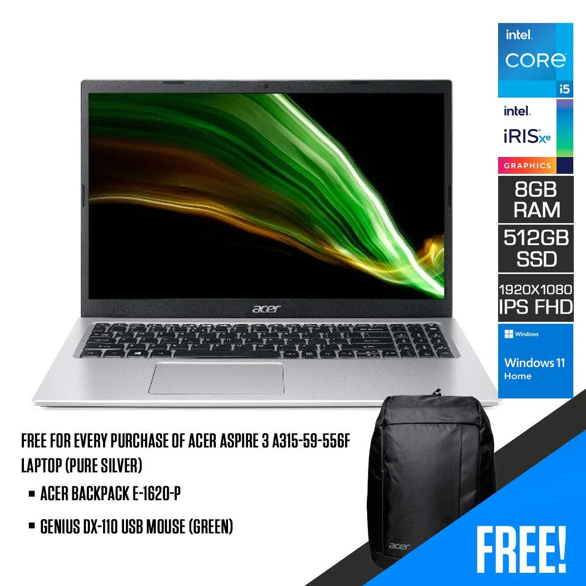 Acer Aspire 3 A315-59-556F Laptop (Pure Silver) | 15.6”  FHD | i5-1235U | 8 GB RAM DDR4 | 512 GB SSD | Iris® Xe Graphics | Windows® 11 Home | Acer Entry Run Rate Backpack E-1620-P (LZBPKM6B12)