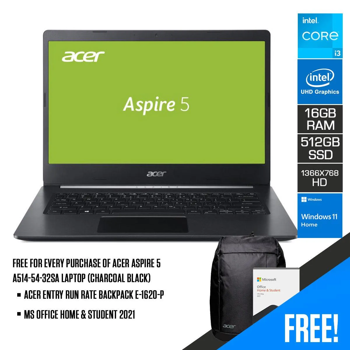 Acer Aspire 5 A514-54-32SA Laptop (Charcoal Black) | 14" FHD (1366 x 768) | i3-1115G4 | 8GB LPDDR4 | 512GB SSD | Intel UHD Graphics | Windows 11 Home | Acer Entry Run Rate Backpack E-1620-P