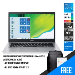 ACER ASPIRE 5 A514-54-50LX Laptop (Charcoal Black) | 14” FHD 1920x1080 | i5-1135G7 | 8GB DDR4 | 512GB SSD | Intel® Iris® X Graphics | WIN11   MS Office Home & Student 2021   ACER Entry Run Rate Backpack E-1620-P (LZBPKM6B12)