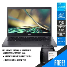 Acer Aspire 5 A514-55-330C Laptop (Steel Gray) | 14” FHD (1920 x 1080) | i3-1215u | 8GB RAM | 512GB SSD | Intel UHD Graphics | Windows 11 Home | Acer Entry Run Rate Backpack E-1620-P