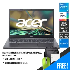 ACER Aspire 5 A515-57-53QL Laptop (Steel Gray) | 15.6" FHD 1920 x 1080 | i5-1235u | 8GB DDR4 | 512 GB SSD | Intel Iris Xe | Windows 11 Home | MS Office H&S 2021 | Genius DX-110 USB Mouse (Green) | Acer Backpack E-1620-P