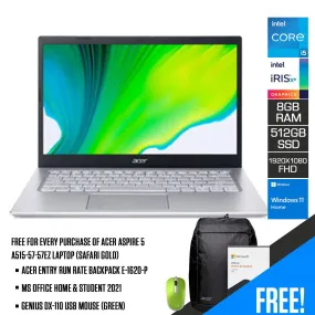 Acer Aspire 5 A515-57-57EZ Laptop (Safari Gold) | 15.6” FHD | i5-1235u | 8GB RAM | 512GB SSD | Windows 11 Home | MS Office H&S 2021 | Genius DX-110 USB Mouse (Green) | Acer Backpack E-1620-P