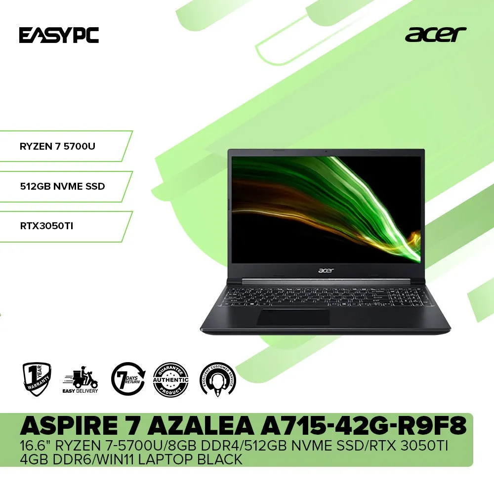 Acer Aspire 7 Azalea A715-42G-R9F8 15.6" Ryzen 7-5700U/8GB DDR4/512GB NVMe SSD/RTX 3050Ti Laptop