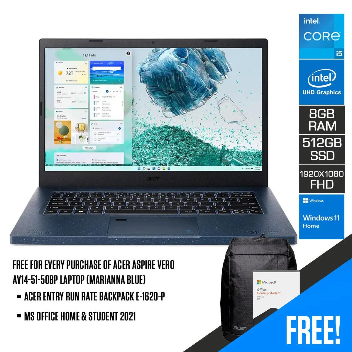 Acer Aspire Vero AV14-51-50BP Laptop (Marianna Blue) | 14” FHD IPS (1920 x 1080) | i5-1235U | 8 GB RAM | 512 GB SSD | Intel UHD Graphics | Windows 11 Home | MS Office Home & Student 2021 | Acer Entry Run Rate Backpack E-1620-P