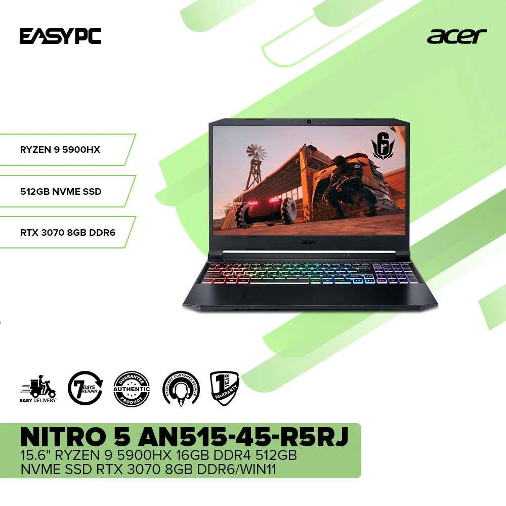 Acer Nitro 5 AN515-45-R5RJ 15.6" R9 5900HX/16GB DDR4/512GB NVMe SSD/RTX 3070 8GB DDR6/Win11 Laptop