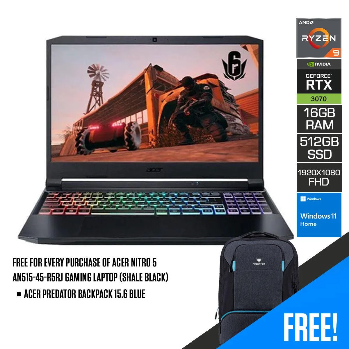 Acer Nitro 5 AN515-45-R5RJ Gaming Laptop (Shale Black) | 15.6” FHD (1920 x 1080) | Ryzen 9 5900HX | 16GB DDR4 | 512GB SSD | RTX 3070 | Windows 11 | Acer Predator Backpack 15.6 Blue