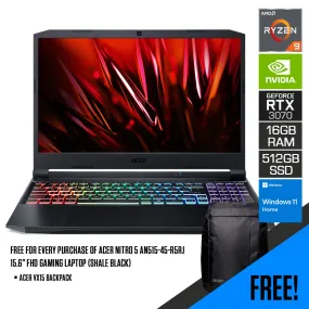 ACER NITRO 5 AN515-45-R5RJ Gaming Laptop - Shale Black, 15.6” Full HD, Ryzen 9 5900HX, 16GB DDR4, 512GB SSD, RTX 3070, Windows 11   ACER VX15 Backpack