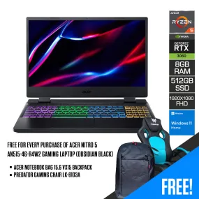 Acer Nitro 5 AN515-46-R4W2 Gaming Laptop (Obsidian Black) | 15.6" FHD | Ryzen™ 5 6600H | 8GB DDR5 | 512GB SSD | RTX 3060 | Windows 11 Home | Acer Notebook Bag  15.6 VX15 Backpack | Predator Gaming Chair LK-8103A