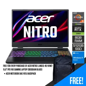 Acer Nitro 5 AN515-46-R4W2 Gaming Laptop (Obsidian Black) | 15.6" FHD | Ryzen™ 5 6600H | 8GB DDR5 | 512GB SSD | RTX 3060 | Windows 11 Home | Acer Notebook Bag  15.6 VX15 Backpack