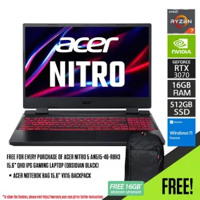 Acer Nitro 5 AN515-46-R8H3 Gaming Laptop (Obsidian Black) | 15.6” QHD IPS | Ryzen 7 6800H | 16GB RAM | 512GB SSD | RTX 3070 | Windows 11 Home | Acer Notebook Bag 15.6 VX15 Backpack