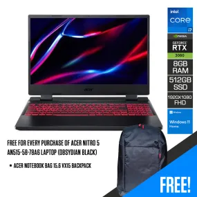 Acer Nitro 5 AN515-58-78A6 Laptop (Obsydian Black) | 15.6”  FHD | i7-12700H | 8 GB DDR5 | 512 GB SSD | RTX 3060 | Windows 11 Home | Acer Notebook Bag 15.6 VX15 Backpack