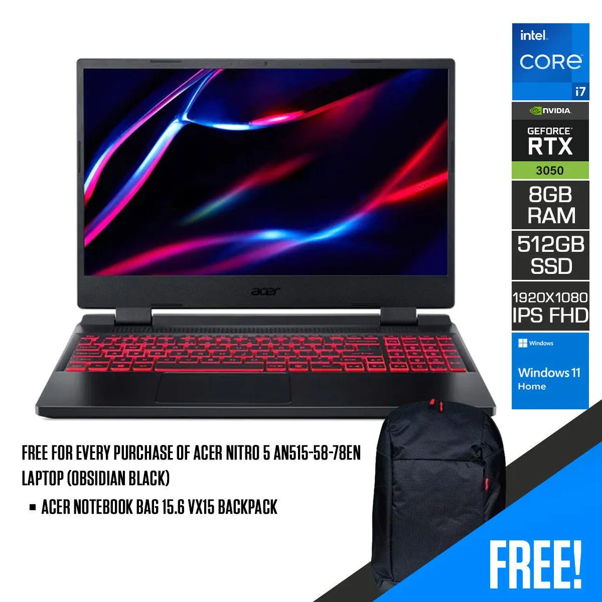 Acer Nitro 5 AN515-58-78EN Laptop (Obsidian Black) | 15.6”  FHD (1920x1080) | i7-12700H | 8 GB RAM DDR4 |  512 GB SSD | RTX 3050 | Windows 11 Home | Acer Notebook Bag 15.6 VX15 Backpack