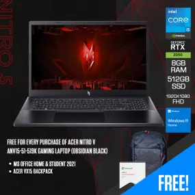 Acer Nitro V ANV15-51-519K Gaming Laptop (Obsidian Black) | 15.6” FHD IPS (1920x1080) | i5 13420H | 8GB RAM | 512GB SSD | RTX 2050 | Windows 11 Home | MS Office Home & Student 2021 | Acer VX15 Backpack