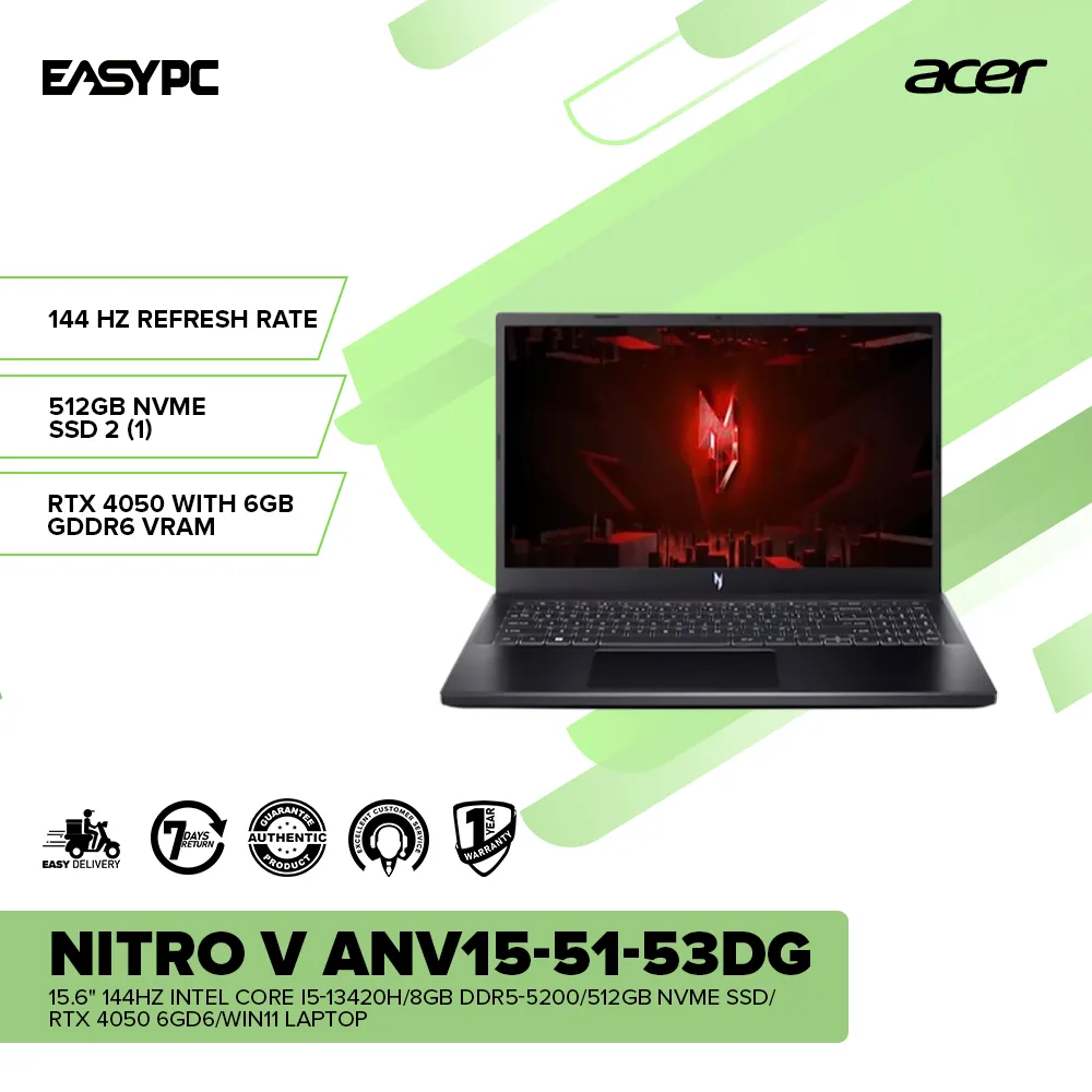 Acer Nitro V ANV15-51-53DG 15.6" 144Hz i5-13420H/8GB DDR5-5200/512GB SSD/RTX 4050 6GD6/Win11 Laptop