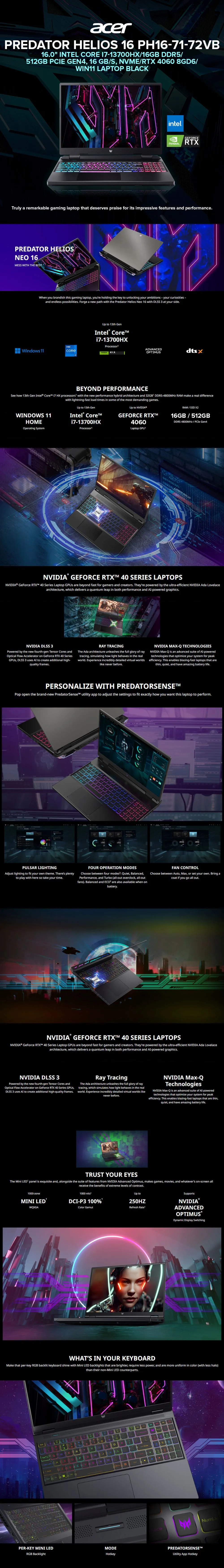 Acer Predator Helios 16 PH16-71-72VB 16.0" Intel Core i7-13700HX Win11 Laptop Black