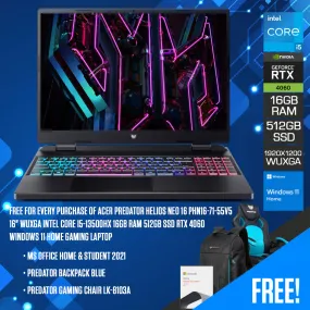 Acer Predator Helios Neo 16 PHN16-71-55V5 Gaming Laptop | 16" WUXGA 1920x1200 | i5-13500HX |  16GB RAM | 512GB SSD | RTX 4060 | Windows 11 Home | MS Office Home & Student 2021 |  Predator Backpack Blue | Predator Gaming Chair LK-8103A