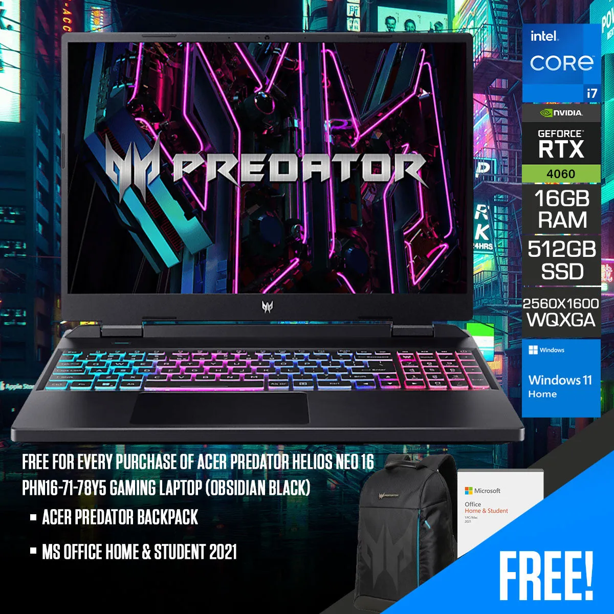 Acer Predator Helios Neo 16 PHN16-71-78Y5 Gaming Laptop (Obsidian Black) | 16" WQXGA 2560x1600 | IPS 165HZ  | i7-13700HX | 16GB RAM | 512GB SSD | RTX 4060 | Windows 11 Home | MS Office Home & Student 2021 | Acer Predator Backpack