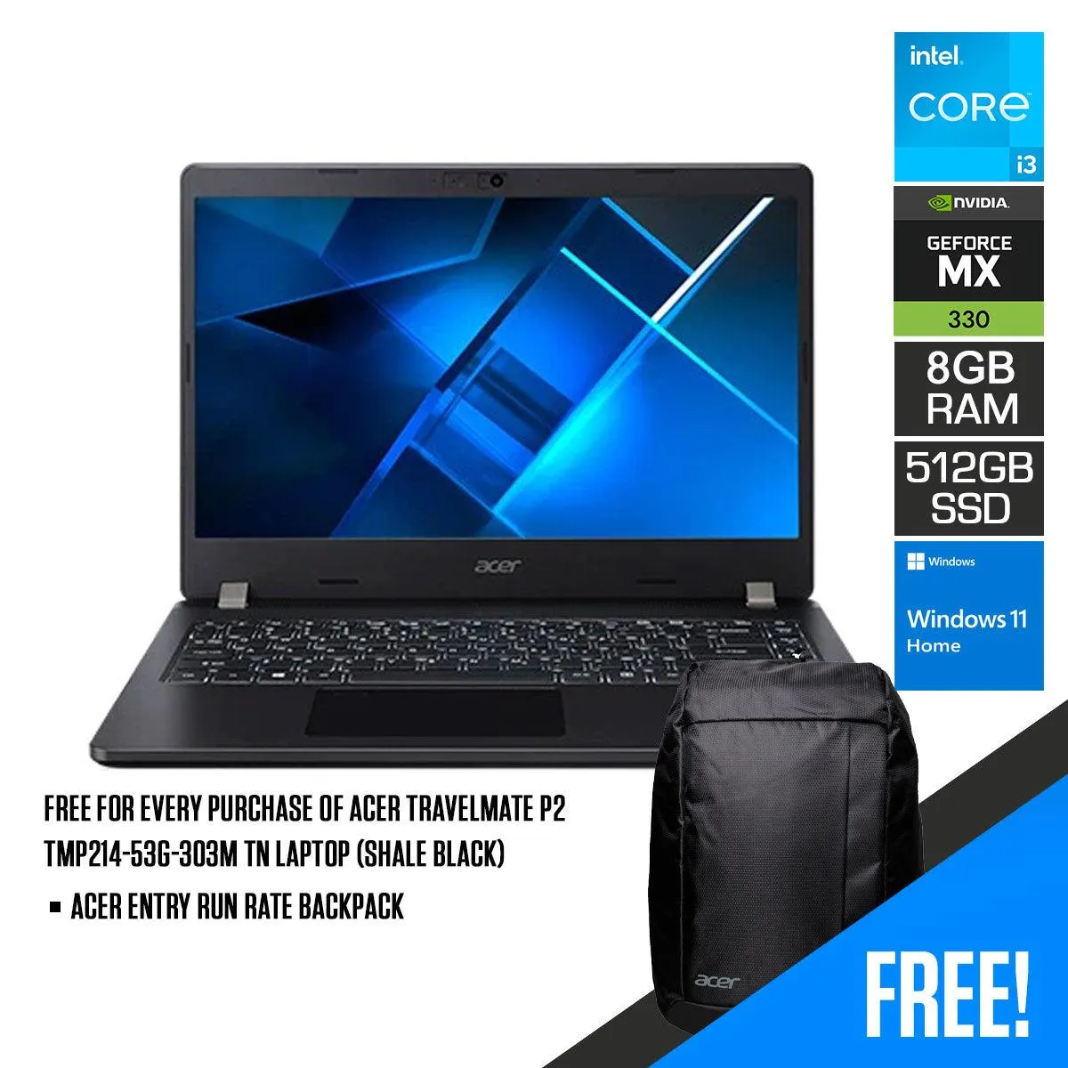 Acer Travelmate P2 TMP214-53G-303M TN Laptop (Shale Black) | 14”  HD | i3-1115G4 | 8 GB RAM DDR4 | 512 GB SSD | MX 330 | Windows 11 Home |  Acer Entry Run Rate Backpack E-1620-P (LZBPKM6B12)