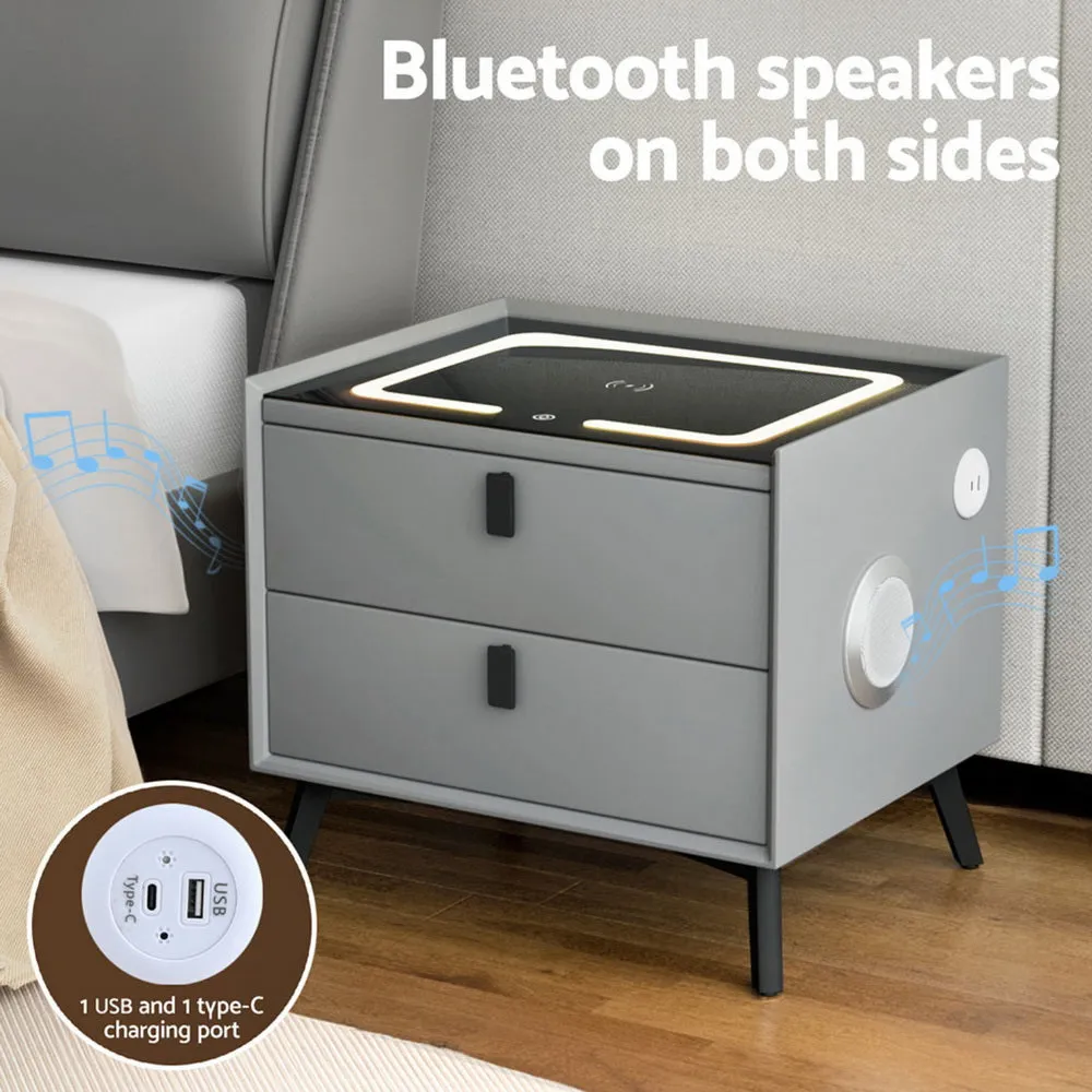 Aika Grey Smart Bedside Table with Wireless Charging, LED Lights & Bluetooth Speaker - Grey