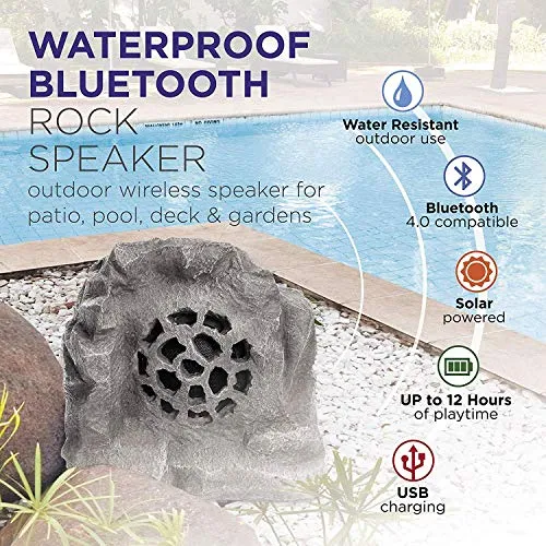 Alpine Corporation Waterproof Bluetooth Solar-Powered Outdoor Wireless Rock Speaker, Gray