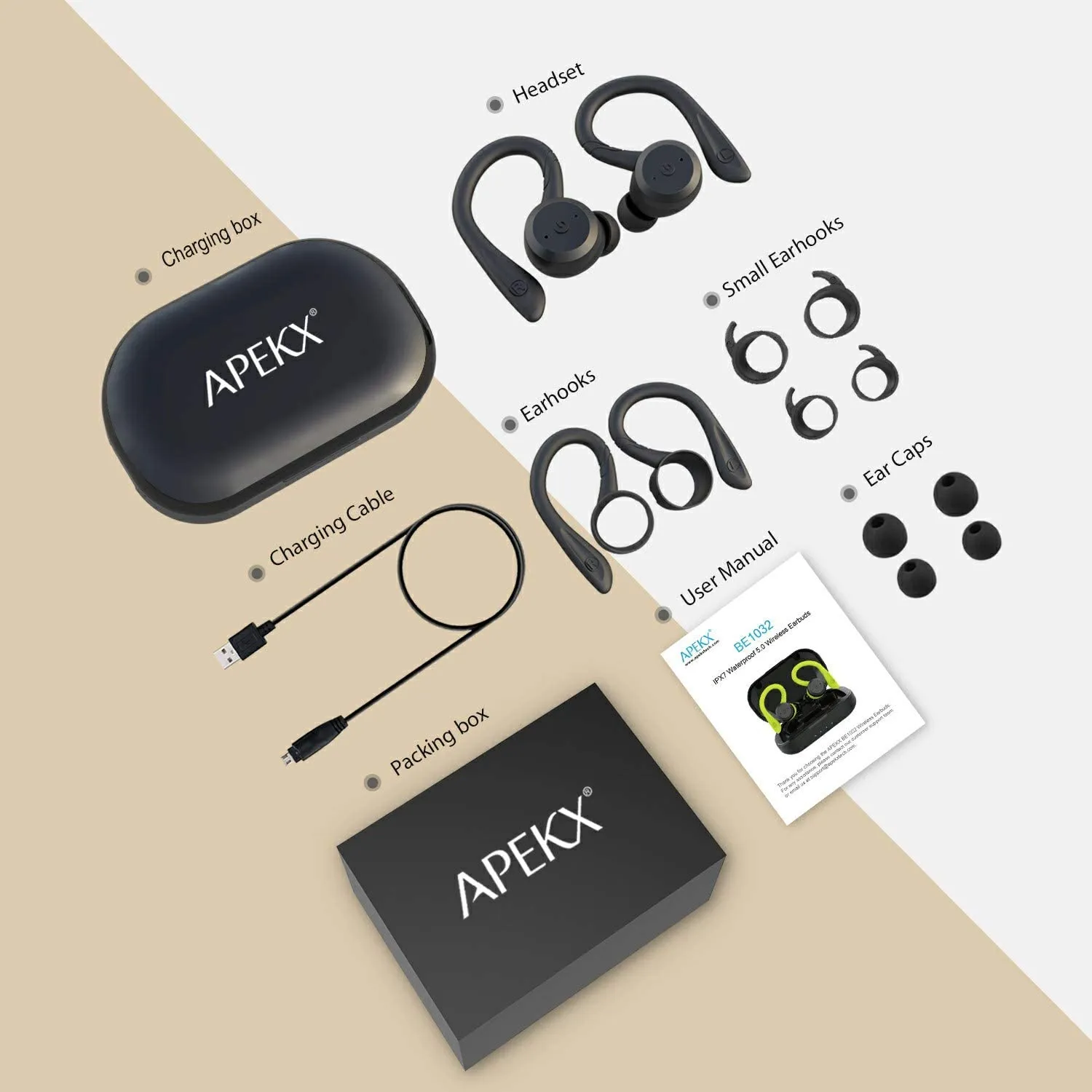 APEKX Bluetooth Headphones True Wireless Earbuds with Charging Case