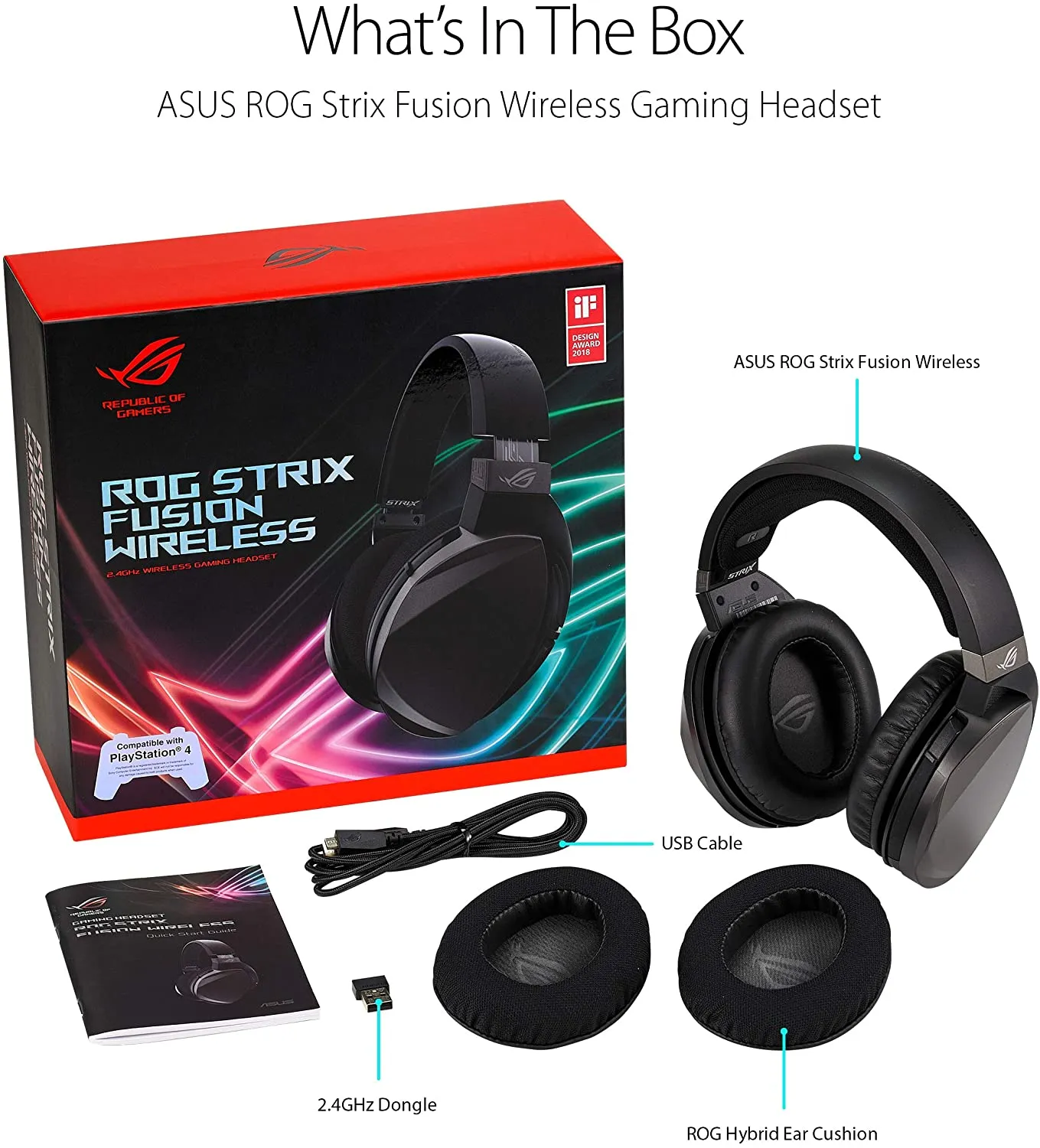 ASUS ROG Strix Fusion Wireless Gaming Headset For PC And PlayStation 4 (PS4) With Dual Channel 2.4GHz Wireless Mini Dongle, Digital Microphone With Auto Mute, And Touch Controls - (Black)