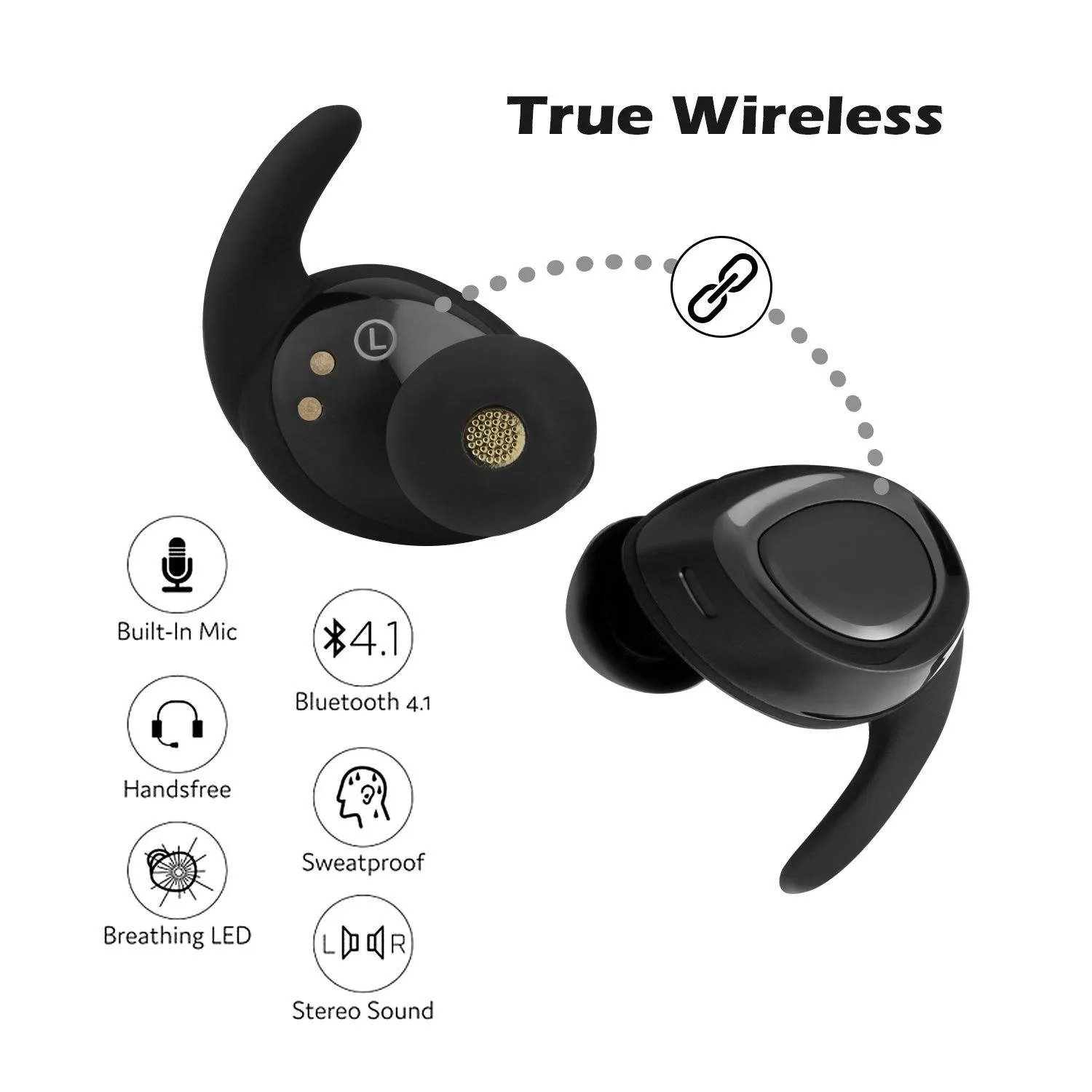 Black Mini Wireless Bluetooth Twins Earbuds Mic True Bass Stereo In-Ear TWS Earphones