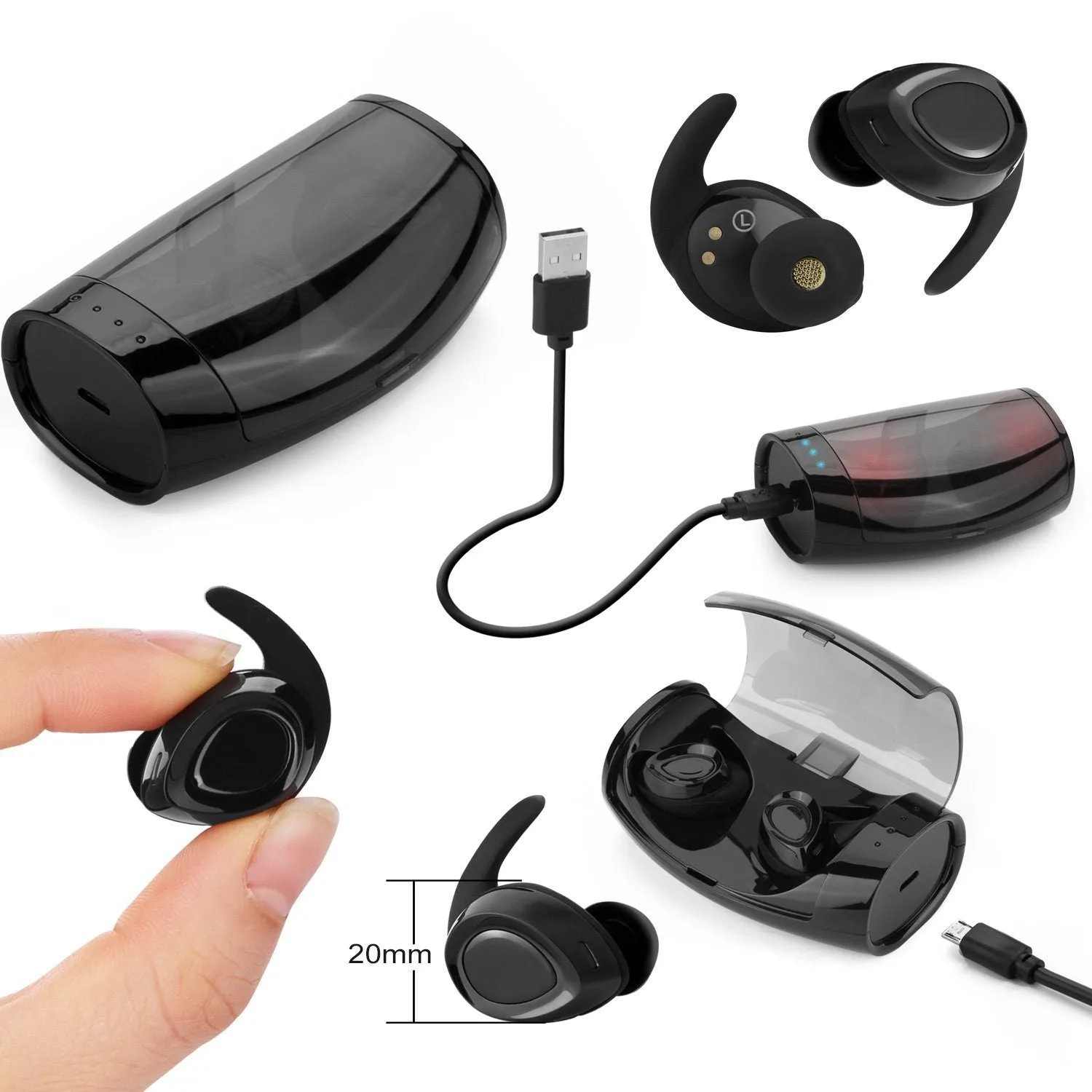 Black Mini Wireless Bluetooth Twins Earbuds Mic True Bass Stereo In-Ear TWS Earphones