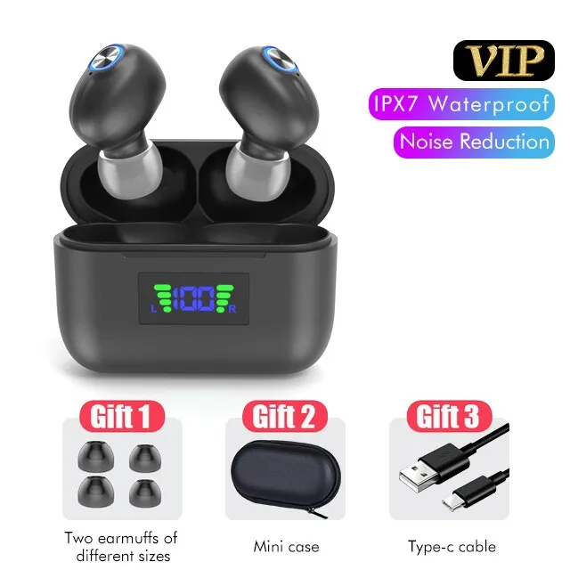 Bluetooth Earphones Wireless LED Power Display Noise Cancelling Waterproof in Ear with Charging Box