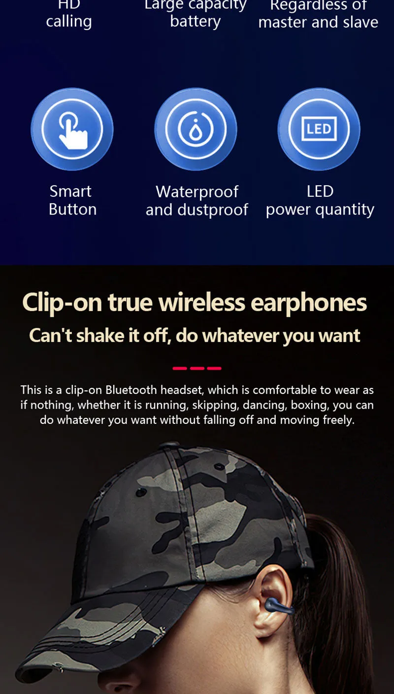 Bone Conduction Concept TWS Wireless Headphones Bluetooth 5.3 Earphones Earclip Touch Control Earbuds Sports HIFI Bass Headsets