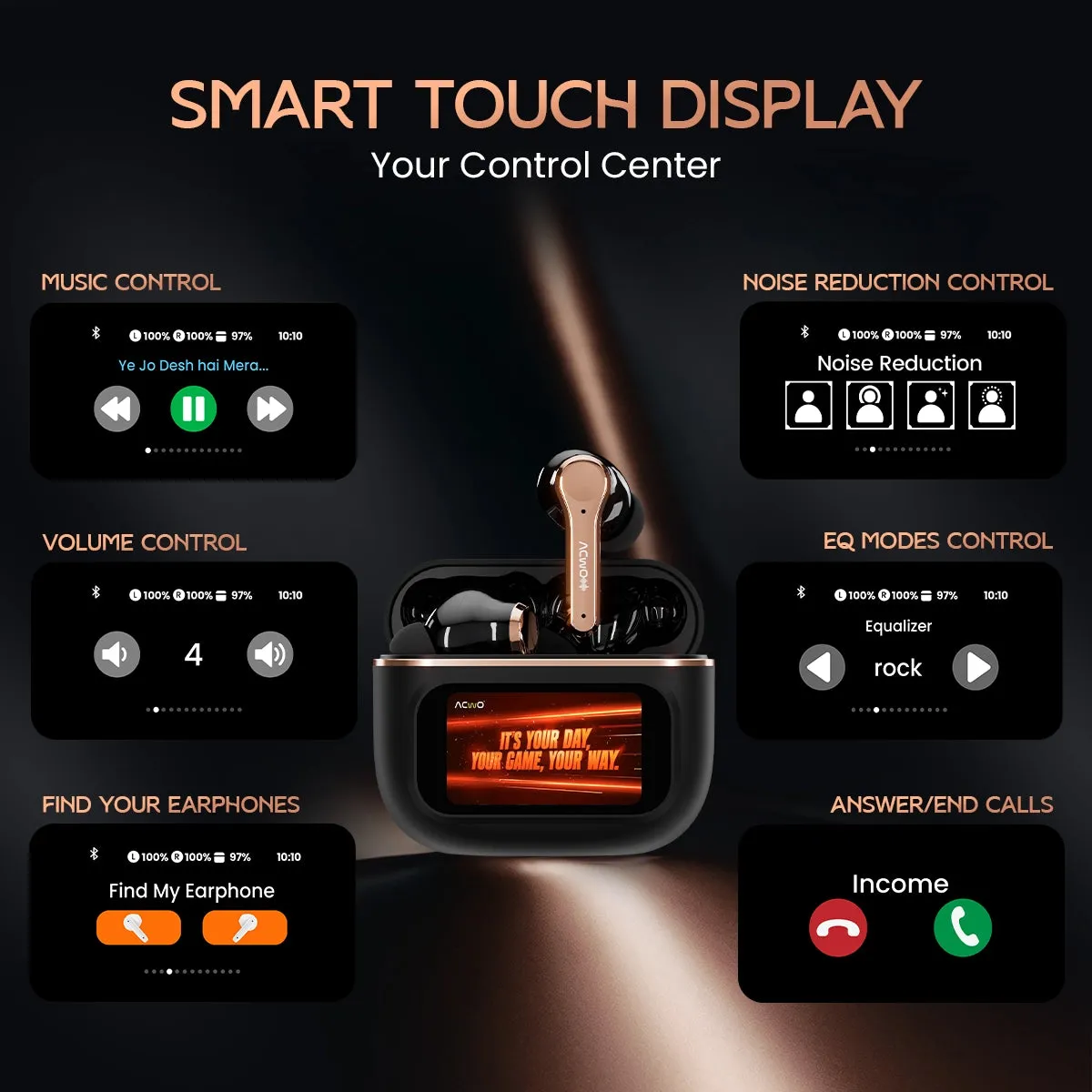 DwOTS Touch : Smart Touch Screen Display Black TWS Earbuds