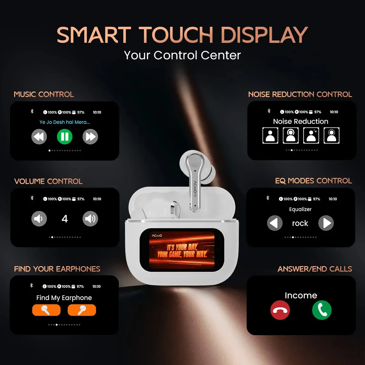 DwOTS Touch : Smart Touch Screen Display White TWS Earbuds