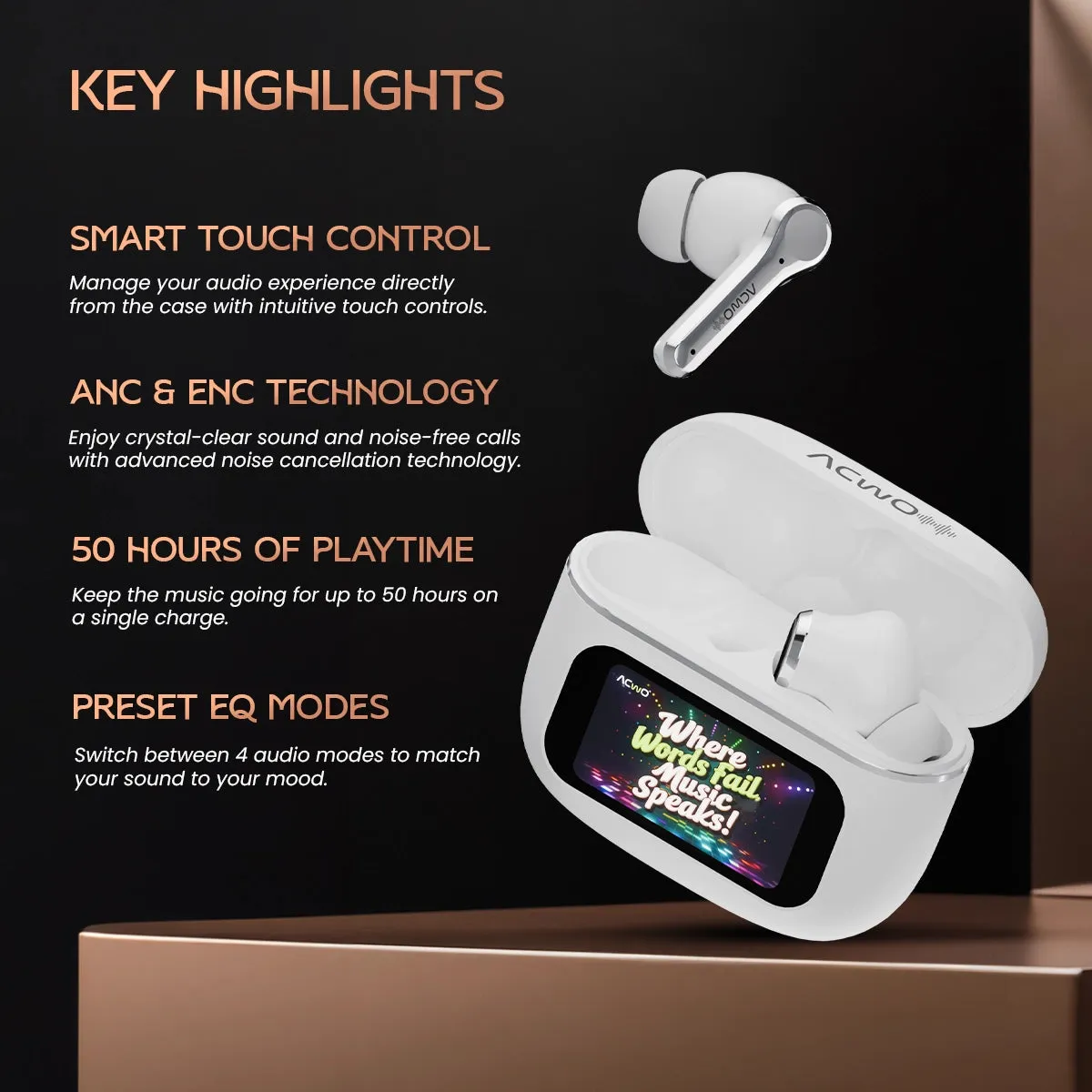 DwOTS Touch : Smart Touch Screen Display White TWS Earbuds