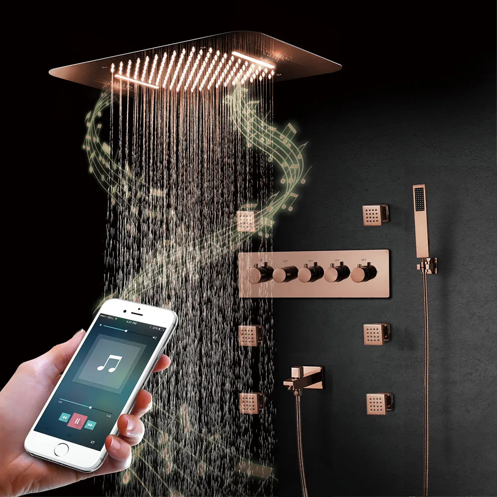 FAVOR | 23" Ceiling Mounted  Complete Thermostatic LED Music Shower System 6 Body Jets