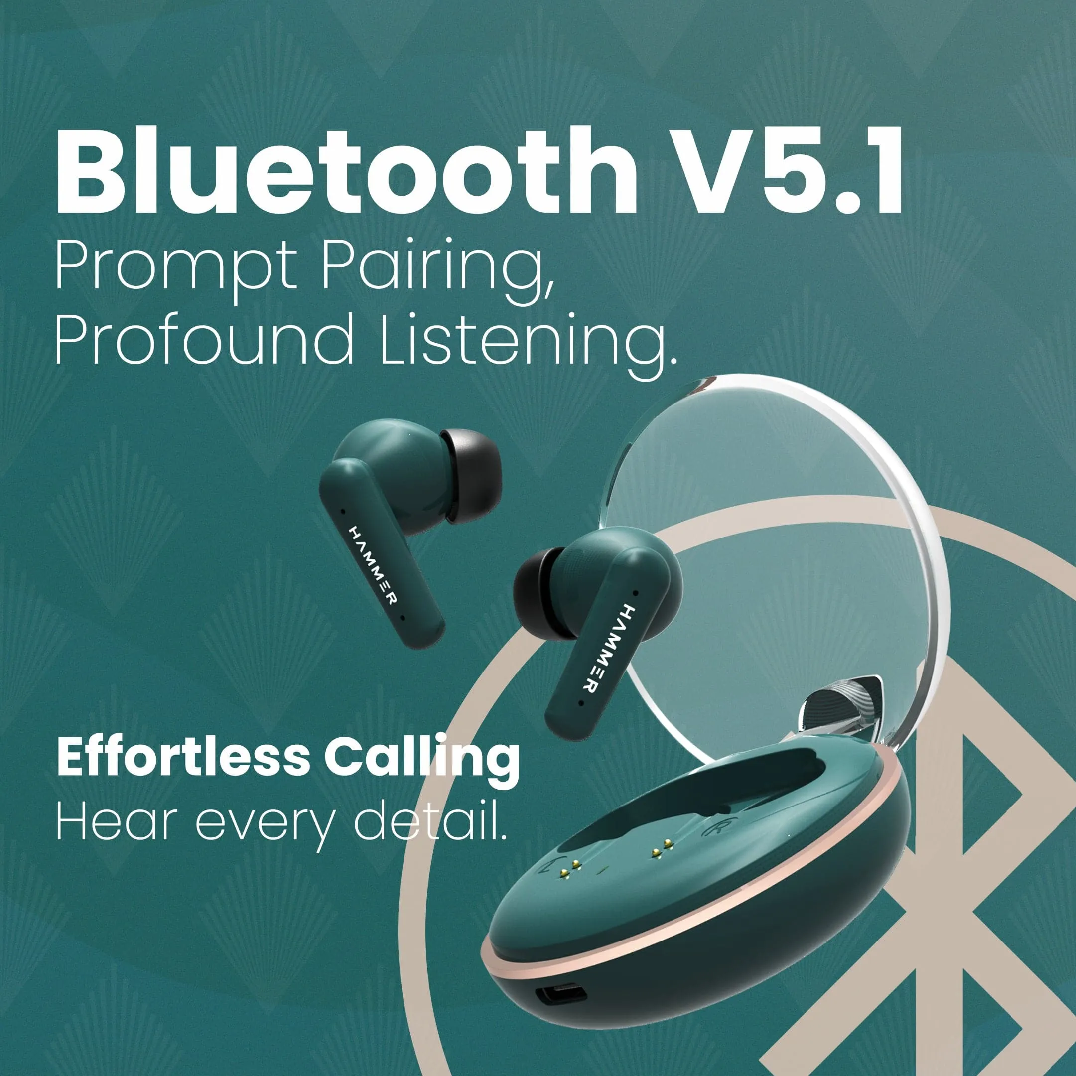 Hammer Airflow Plus TWS Earbuds with Bluetooth 5.1 and Smart Touch Control (Emerald Green)