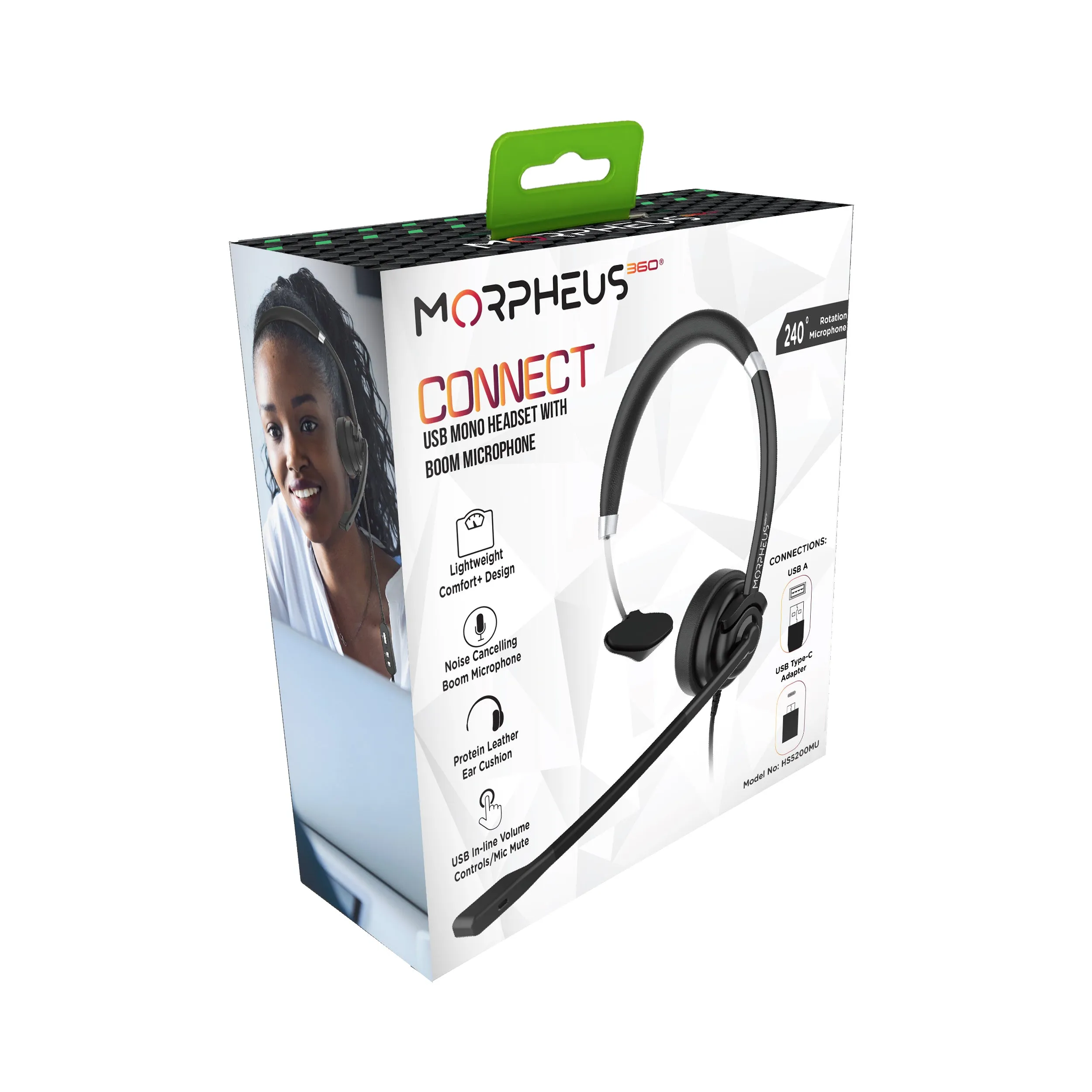 m360 Connect USB Mono Headset with Boom Microphone - Noise Cancelling - Reversible Design – Eco Leather Ear Cushions - In-Line Volume Controls - Mute button - HS5200MU