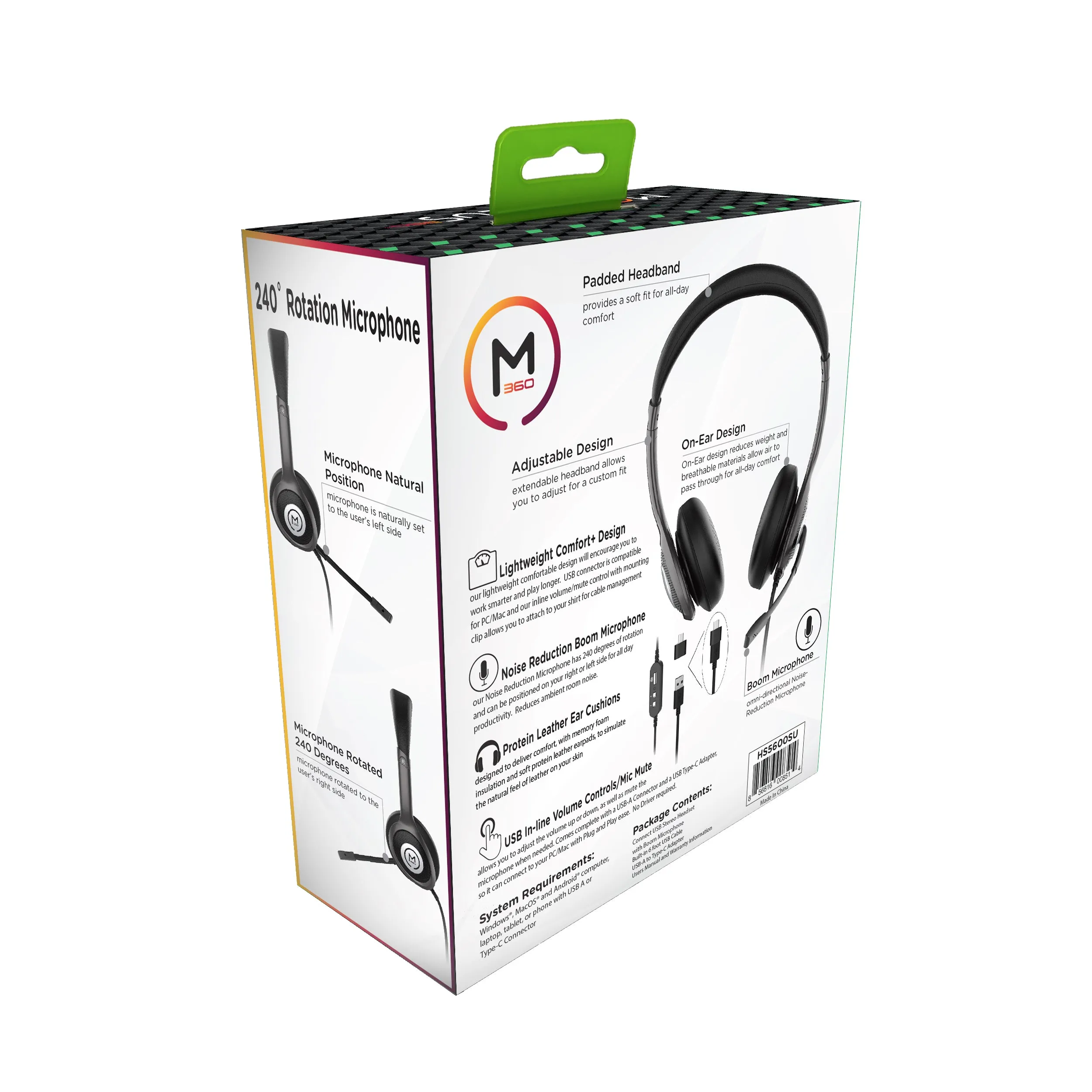 m360 Connect USB Stereo Headset with Boom Mic - Noise Reduction Microphone- Protein Leather Ear Cushions - In-Line Volume Controls - Mute button - Black - HS5600SU