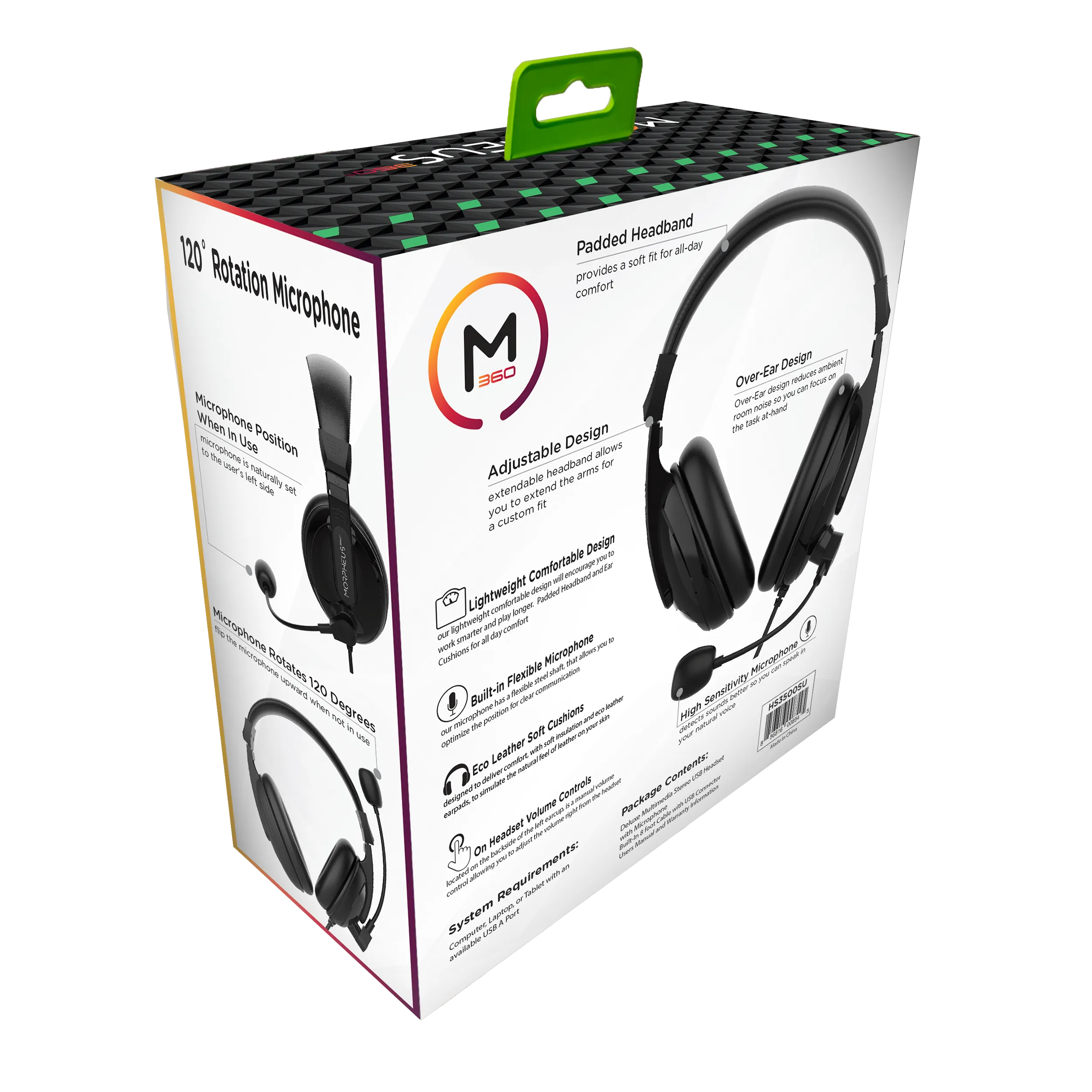 m360 Deluxe Multimedia Stereo USB Headset - Adjustable Microphone - Lightweight Comfortable Design - Soft Eco Leather Ear Cushions - Over Ear - Black - HS3500SU