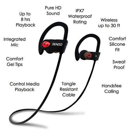 SENSO Bluetooth Headphones, Best Wireless Sports Earphones w/Mic IPX7 Waterproof HD Stereo Sweatproof Earbuds for Gym Running Workout 8 Hour Battery Noise Cancelling Headsets (Red)