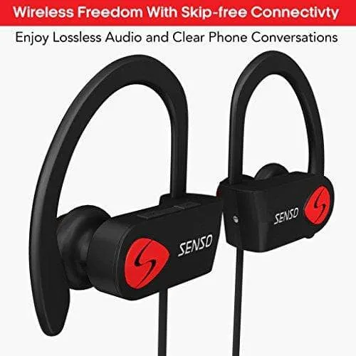 SENSO Bluetooth Headphones, Best Wireless Sports Earphones w/Mic IPX7 Waterproof HD Stereo Sweatproof Earbuds for Gym Running Workout 8 Hour Battery Noise Cancelling Headsets (Red)