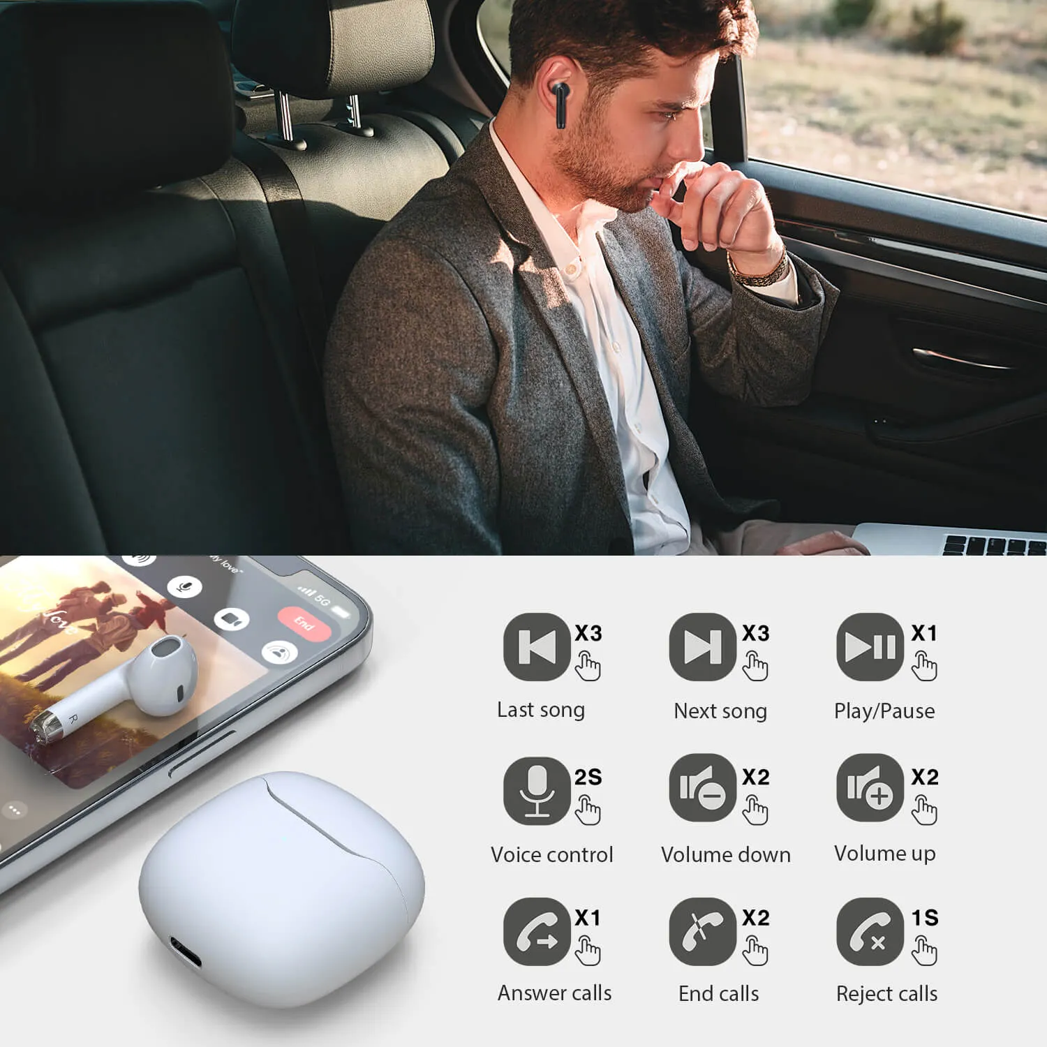 TO-080 White Bluetooth Earphones - Durable and Compact Design